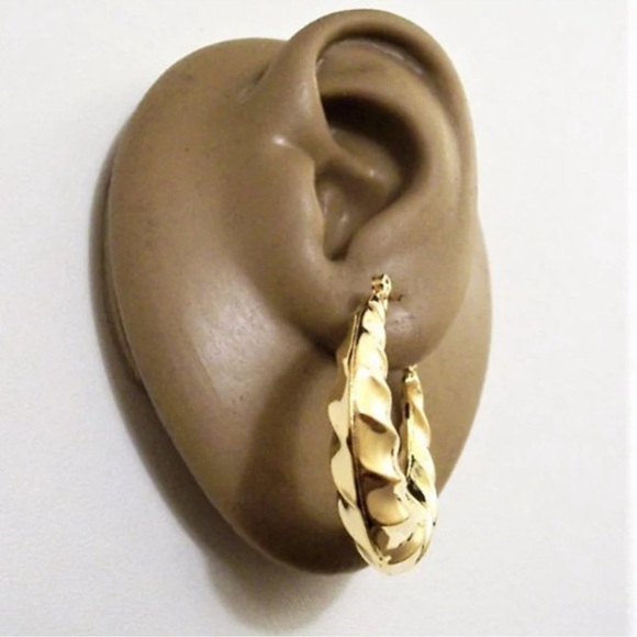 Swirl Crimped Hoops Pierced Stud Earrings Gold Plated Vintage Large Round - Picture 2 of 6